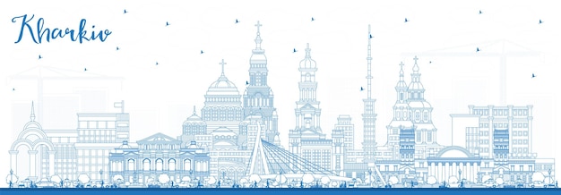 Outline kharkiv ukraine city skyline with blue buildings vector illustration kharkiv cityscape with landmarks