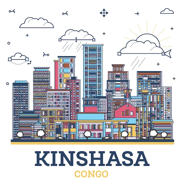 Vector outline kinshasa congo city skyline with modern colored buildings isolated on white kinshasa africa cityscape with landmarks