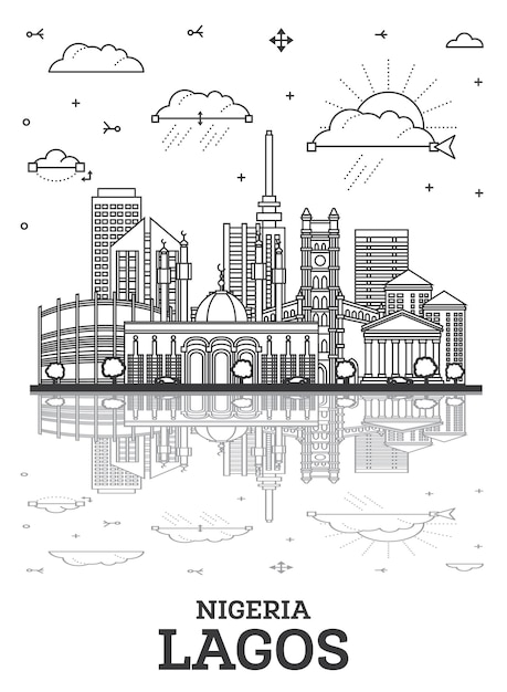 Vector outline lagos nigeria city skyline with modern buildings and reflections isolated on white lagos cityscape with landmarks
