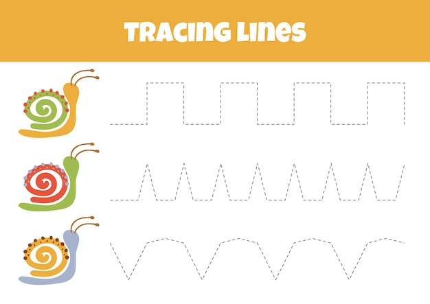 Vector outline the line from the snail is a worksheet for tracing lines for preschoolers aged years