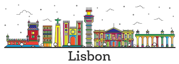 outline lisbon portugal city skyline with color buildings isolated on white. vector illustration. lisbon cityscape with landmarks.