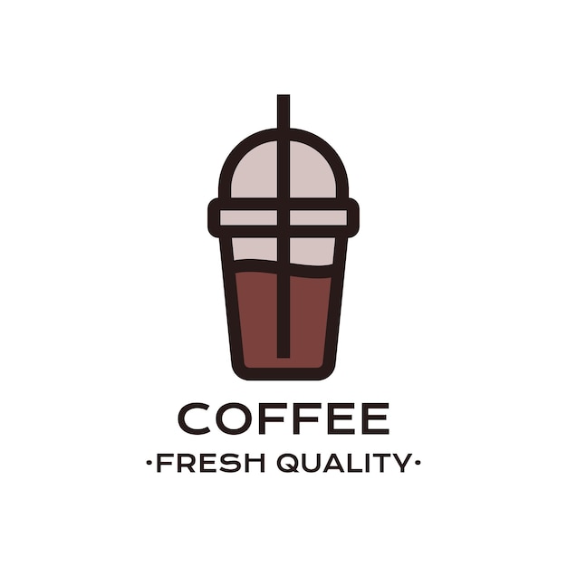 차가운 커피와 빨대가 있는 플라스틱 컵의 개요 로고
