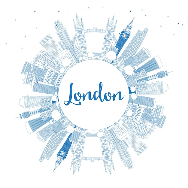 Outline london england skyline with blue buildings and copy space. vector illustration.