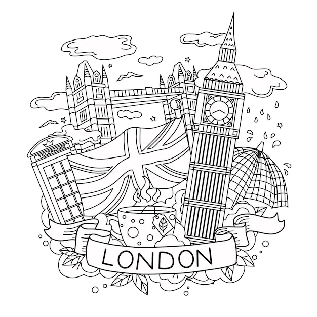 The outline of london travel and tourism vector linear illustration coloring book