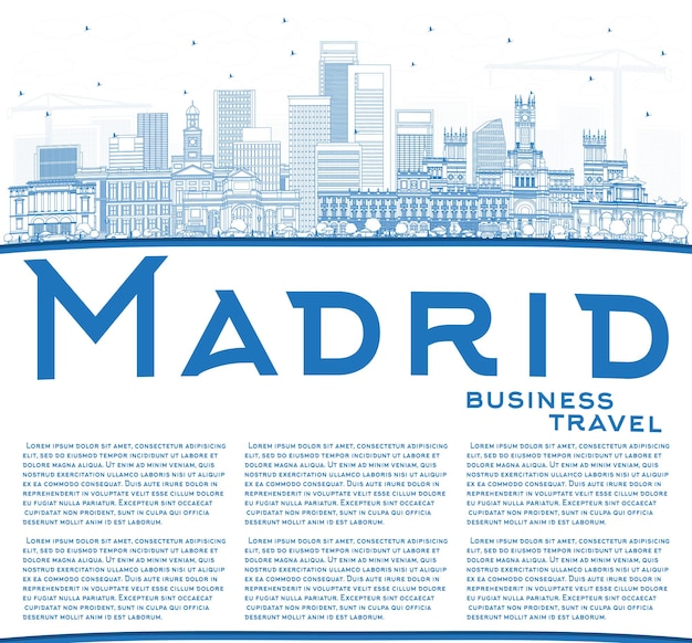 青い建物とコピースペースでマドリードスペインの街のスカイラインの概要を説明します。ベクトルイラスト。歴史的な建築とビジネス旅行と観光の概念。ランドマークのあるマドリードの街並み。