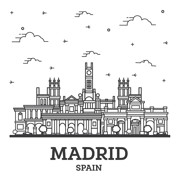 Vector outline madrid spain city skyline with historic buildings and reflections isolated on white