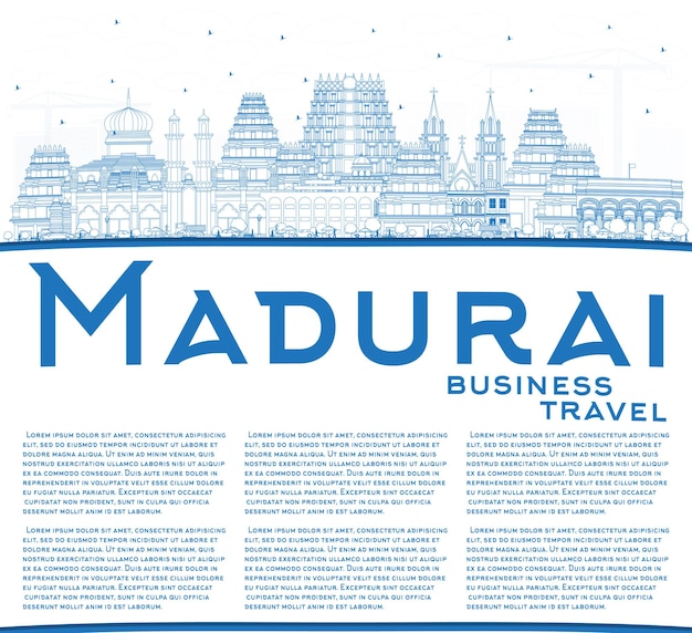 Outline Madurai India City Skyline with Blue Buildings and Copy Space. Illustration