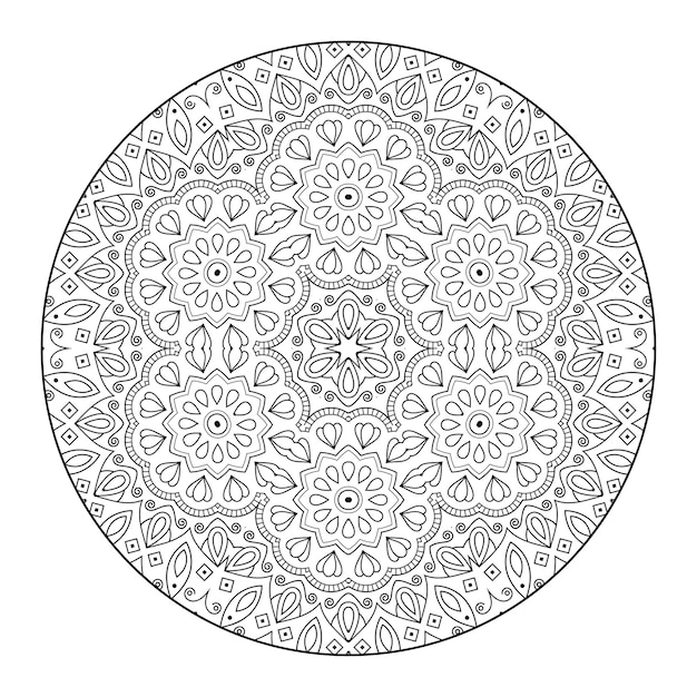 Mandala di contorno per libro da colorare, modello di terapia antistress, ornamento rotondo decorativo