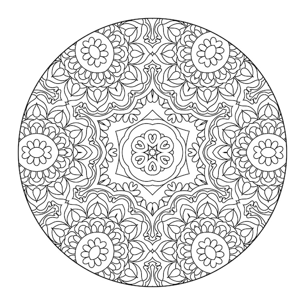 Mandala di contorno per libro da colorare, modello di terapia antistress, ornamento rotondo decorativo