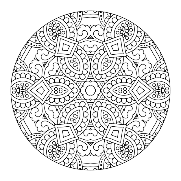 Mandala di contorno per libro da colorare, modello di terapia antistress, ornamento rotondo decorativo