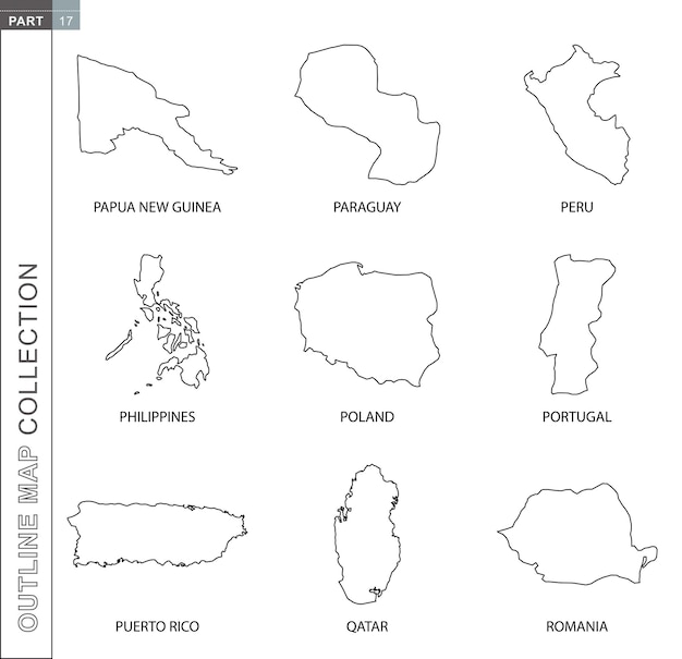 Vector outline maps collection nine black lined vector map