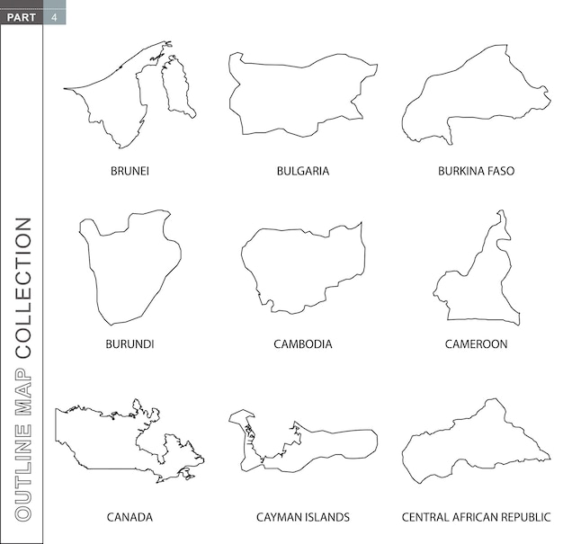 Vector outline maps collection nine black lined vector map