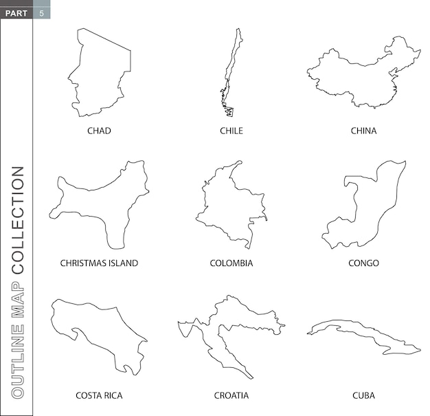 Collezione di mappe di contorno nove mappe vettoriali a righe nere