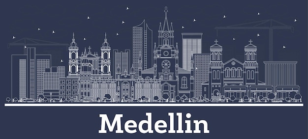 Outline Medellin Colombia City Skyline with White Buildings