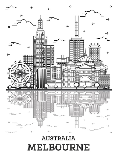 Outline Melbourne Australia City Skyline with Modern and Historic Buildings with Reflections Isolated on White