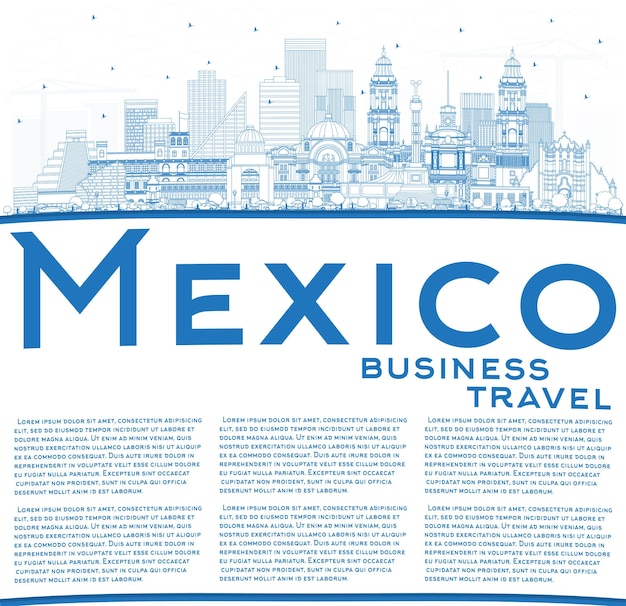 Outline Mexico City Skyline with Blue Buildings and Copy Space