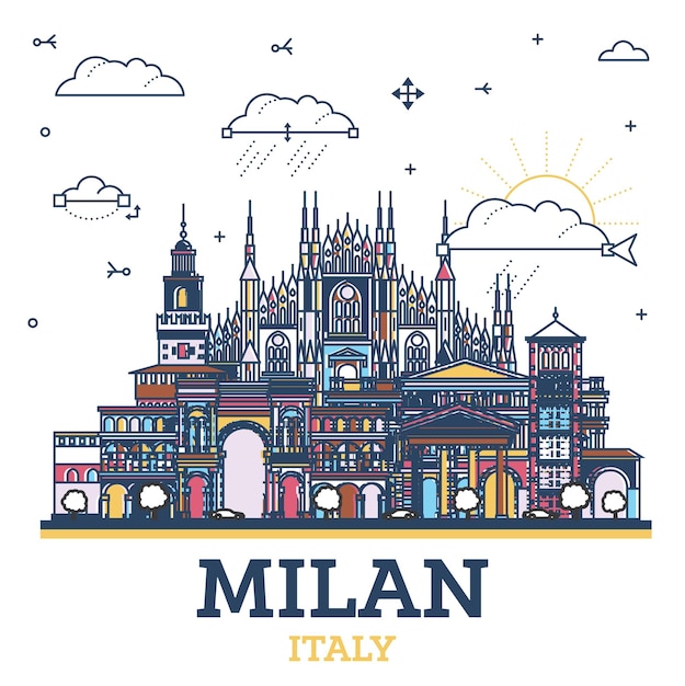 Outline Milan Italy City Skyline with Colored Historic Buildings Isolated on White Milan Cityscape with Landmarks