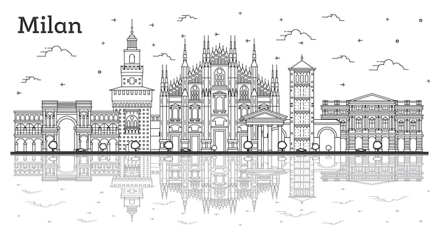 Delineare lo skyline della città di milano italia con riflessi ed edifici storici isolati su bianco