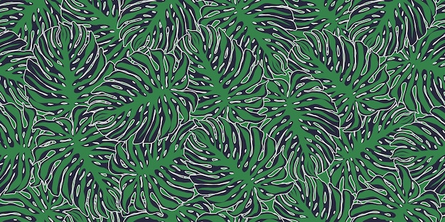 Outline monstera jungle leaves seamless pattern. Tropical pattern, palm leaf seamless. Floral background. Exotic hawaiian plants backdrop. Design for fabric, textile print, surface, wrapping, cover