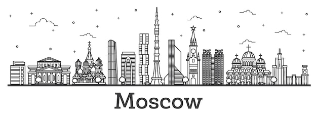 Profilo dello skyline della città di mosca russia con edifici storici e moderni isolati su bianco. illustrazione di vettore. paesaggio urbano di mosca con punti di riferimento.