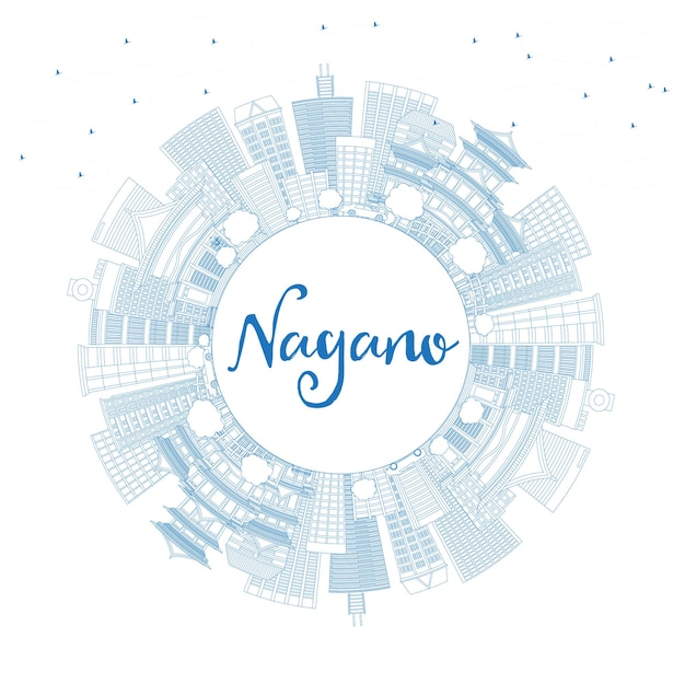 Vector outline nagano japan city skyline with blue buildings and copy space. vector illustration. business travel and tourism concept with modern architecture. nagano cityscape with landmarks.