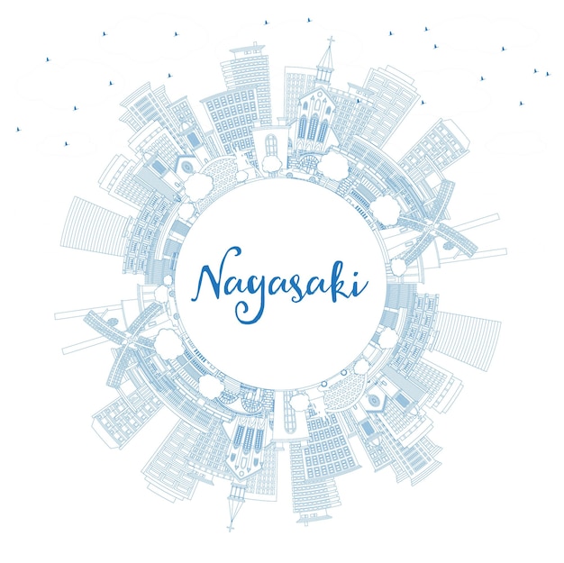 Описание города Нагасаки, Япония Городской горизонт с голубыми зданиями и копирование пространственной векторной иллюстрации Городской пейзаж Нагасики с достопримечательностями Бизнес путешествия и туризм Концепция с исторической архитектурой