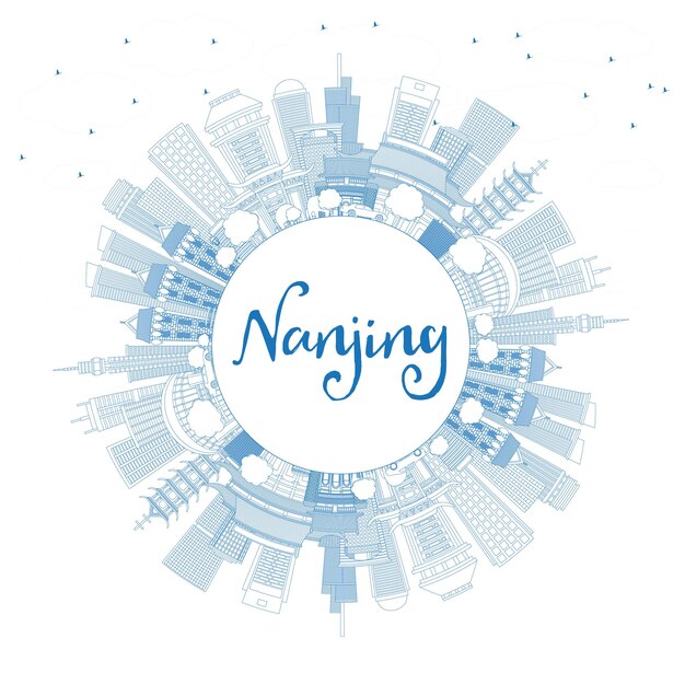 outline nanjing china skyline with blue buildings and copy space. vector illustration. business travel and tourism illustration with modern architecture. nanjing cityscape with landmarks.