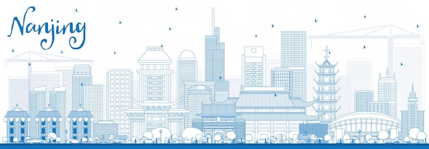 Outline Nanjing China Skyline with Blue Buildings. Vector Illustration. Business Travel and Tourism Illustration with Modern Architecture.