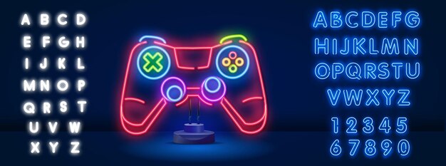 Vector outline neon handheld game console icon glowing neon portable gaming deck device gadget pictogram handheld gamepad with screen thumbsticks and trackpads vector icon set symbol for ui