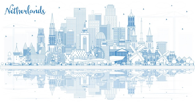 Outline netherlands skyline with blue buildings. vector illustration. tourism concept with historic architecture. cityscape with landmarks. amsterdam. rotterdam. the hague. utrecht.