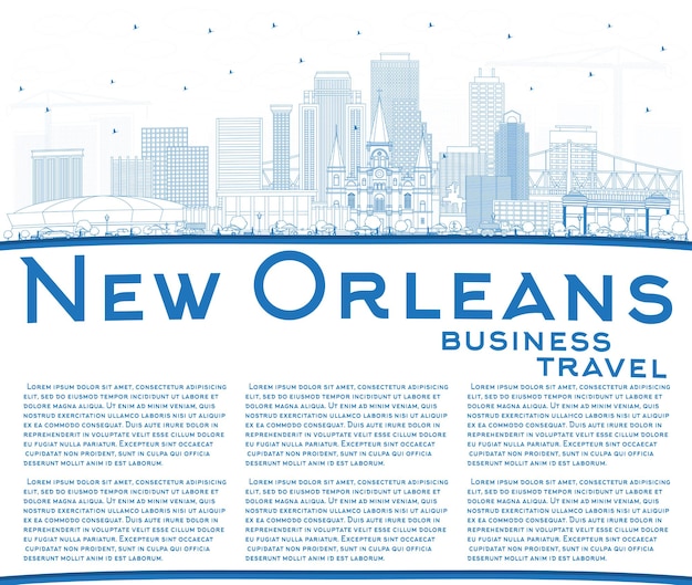 Outline New Orleans Louisiana City Skyline with Blue Buildings