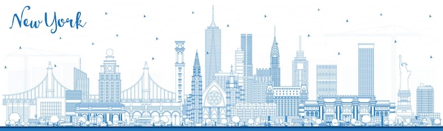 Outline New York USA City Skyline with Blue Buildings