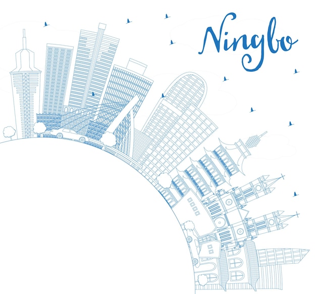 Vector outline ningbo china city skyline with blue buildings and copy space. vector illustration. business travel and tourism concept with historic architecture. ningbo cityscape with landmarks.