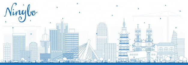 Vector outline ningbo china city skyline with blue buildings. vector illustration. business travel and tourism concept with historic architecture. ningbo cityscape with landmarks.