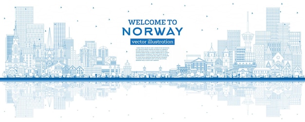 Vector outline norway city skyline with blue buildings and reflections vector illustration concept with historic modern architecture norway cityscape with landmarks oslo stavanger trondheim bergen