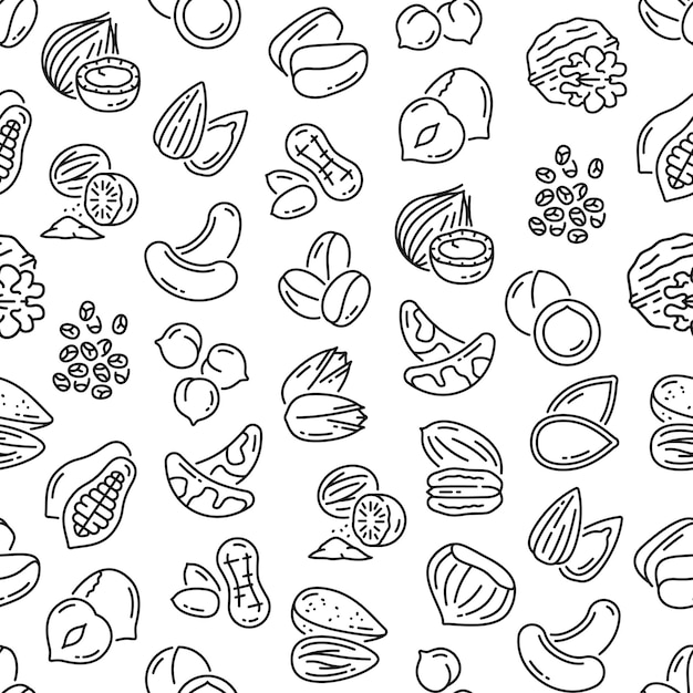 Vector outline nuts and seeds snacks seamless pattern