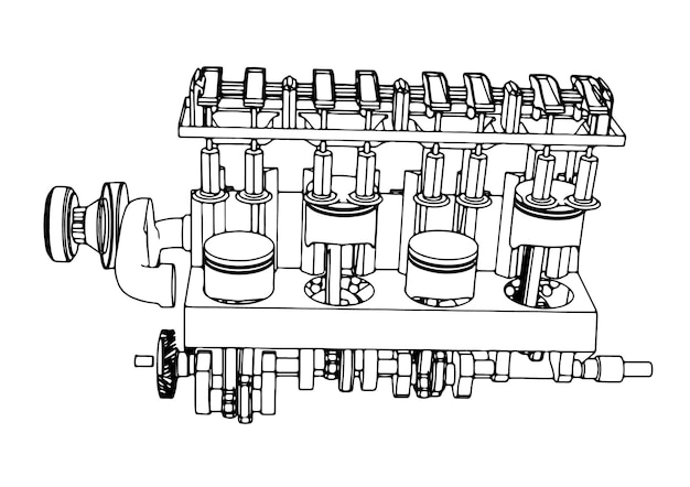 Вектор Контур двигателя внутреннего сгорания на белом фоне вектора