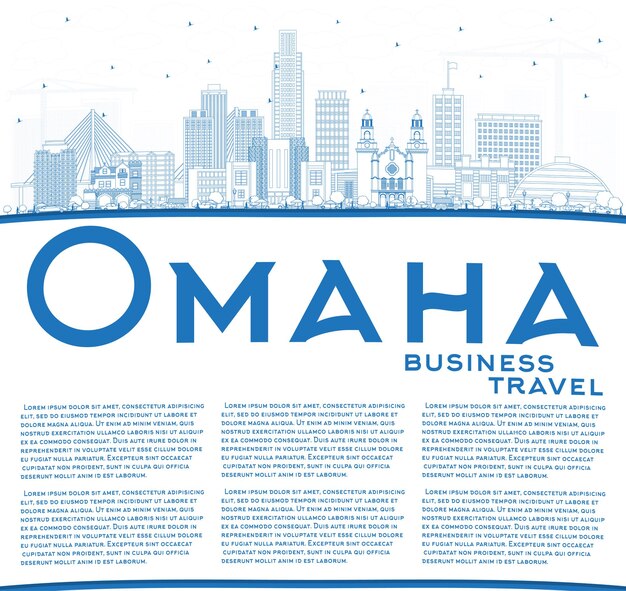 Profilo dello skyline della città di omaha nebraska con edifici blu e spazio di copia. illustrazione di vettore. viaggi d'affari e concetto di turismo con architettura storica. paesaggio urbano di omaha usa con punti di riferimento.