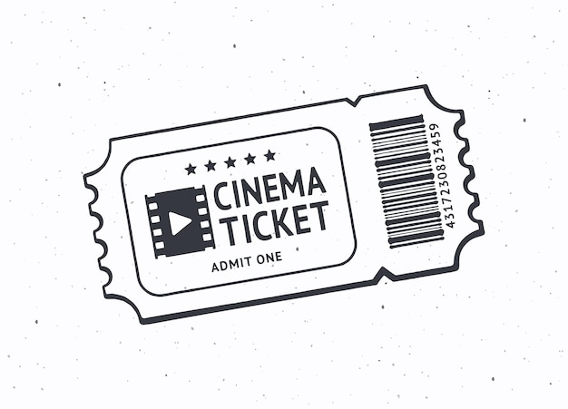 Outline of one cinema ticket with barcode Paper retro coupon for movie entry Vector illustration