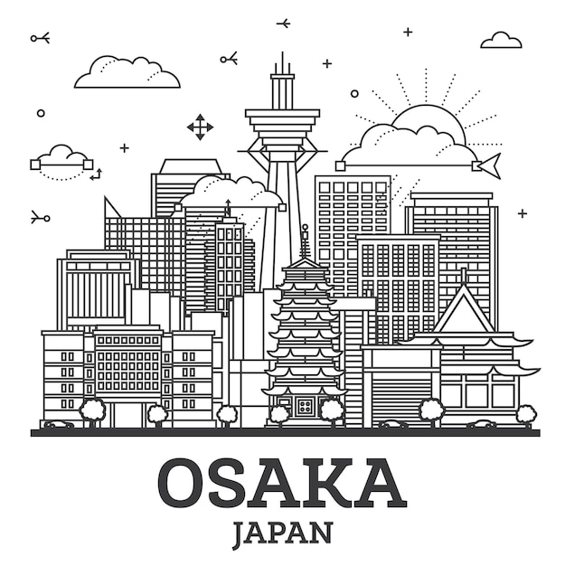 Outline Osaka Japan City Skyline with Modern Buildings Isolated on White Osaka Cityscape with Landmarks