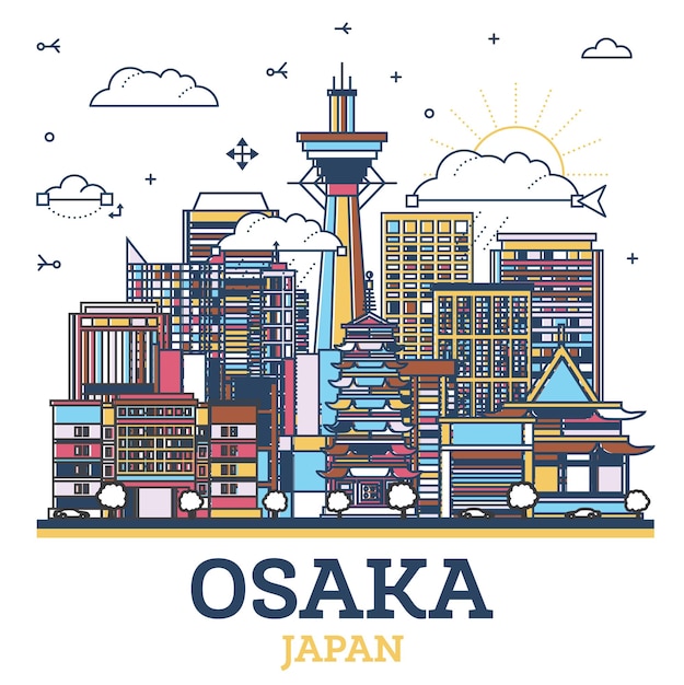 Outline Osaka Japan City Skyline with Modern Colored Buildings Isolated on White Osaka Cityscape with Landmarks