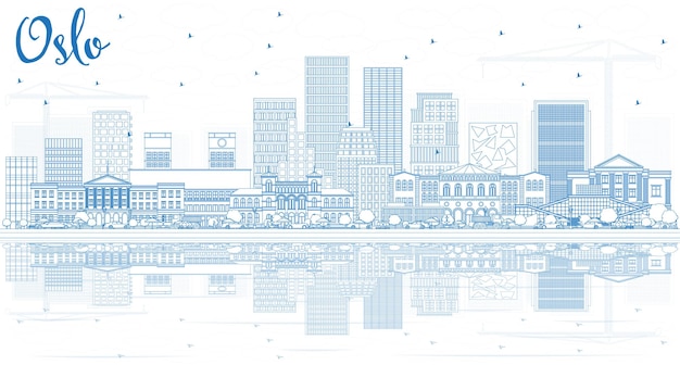 Orizzonte di contorno oslo norvegia città con edifici blu e riflessi. illustrazione di vettore. illustrazione di viaggi d'affari e turismo con architettura moderna. paesaggio urbano di oslo con punti di riferimento.