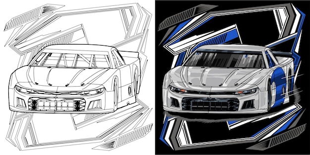 Контур и окрашенный гоночный автомобиль Изолирован на черном фоне для дизайна футболки