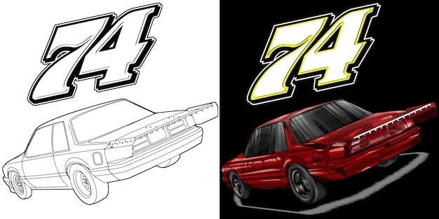 Vector outline and painted racing car isolated in black background for tshirt design