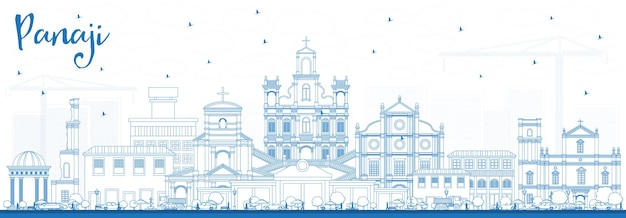 파란색 건물이 있는 파나지 인도 도시 스카이라인 개요. 벡터 일러스트 레이 션. 역사적인 건축과 비즈니스 여행 및 관광 개념입니다. 랜드마크가 있는 파나지 도시 풍경.