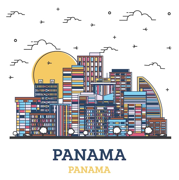 Vector outline panama city skyline with color buildings isolated on white