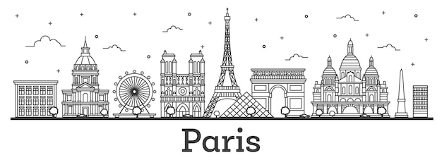 Outline paris france city skyline with historic buildings isolated on white.