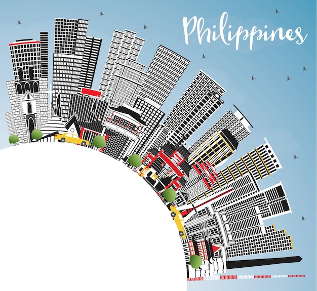 Очертания горизонта города филиппины с голубыми зданиями и копировальным пространством
