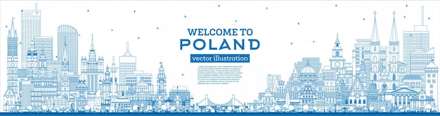 Outline Poland City Skyline with Blue Buildings Vector Illustration Concept with Modern Architecture Poland Cityscape with Landmarks