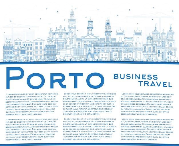 파란색 건물과 복사 공간이 있는 Porto Portugal 도시 스카이라인 개요